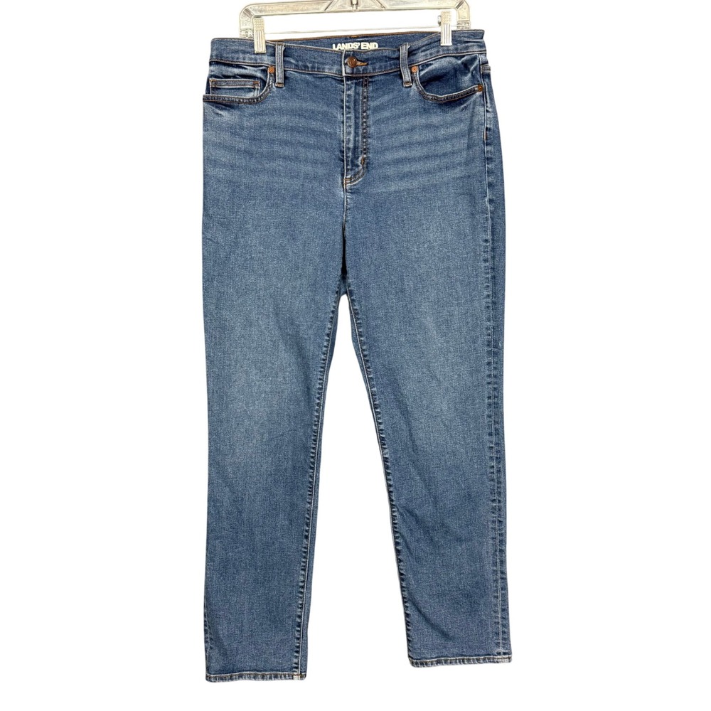 Lands End Jeans Women 14 Blue High Rise Straight Leg Medium Wash Stretch Denim